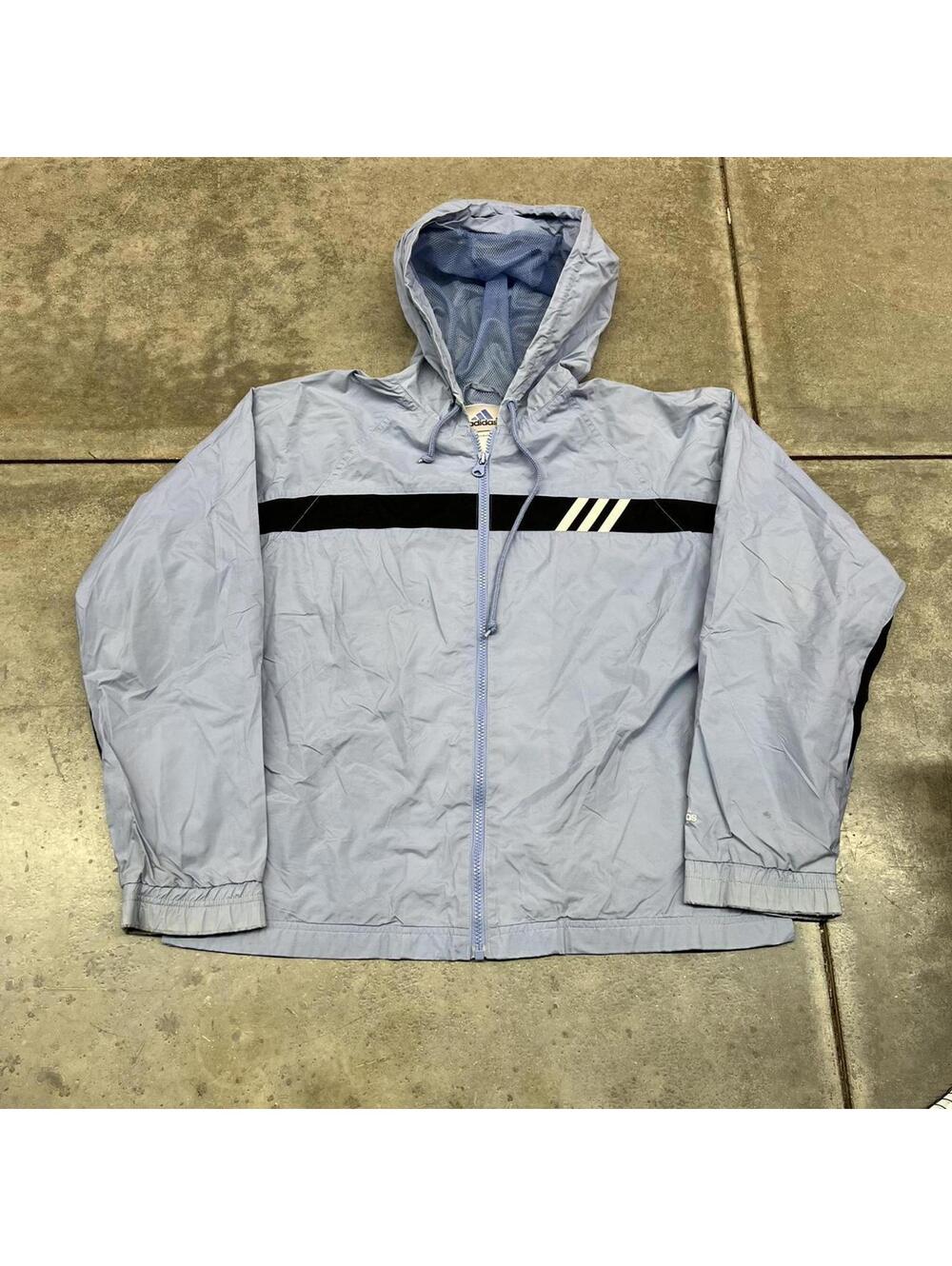 vintage adidas baby blue and black striped windbreaker jacket size medium WOMENS